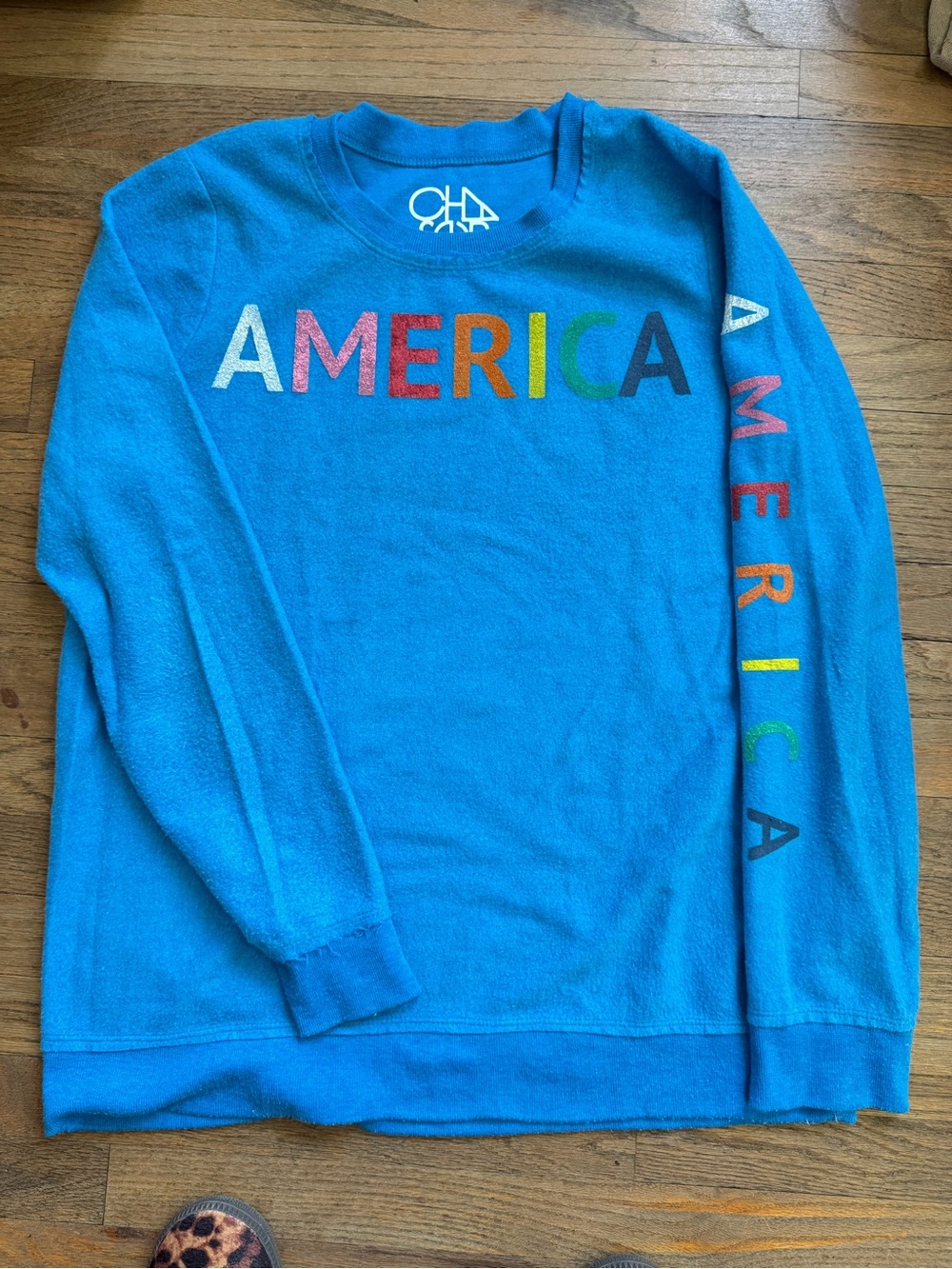Chaser Bright Blue 'AMERICA' Multicolor Letter Crewneck